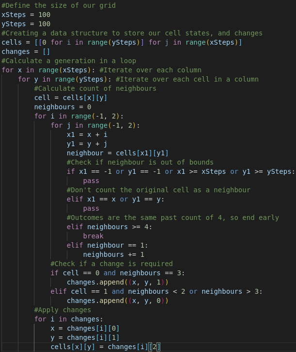 Code for the basic implementation of the game of life algorith with syntax highlighting.