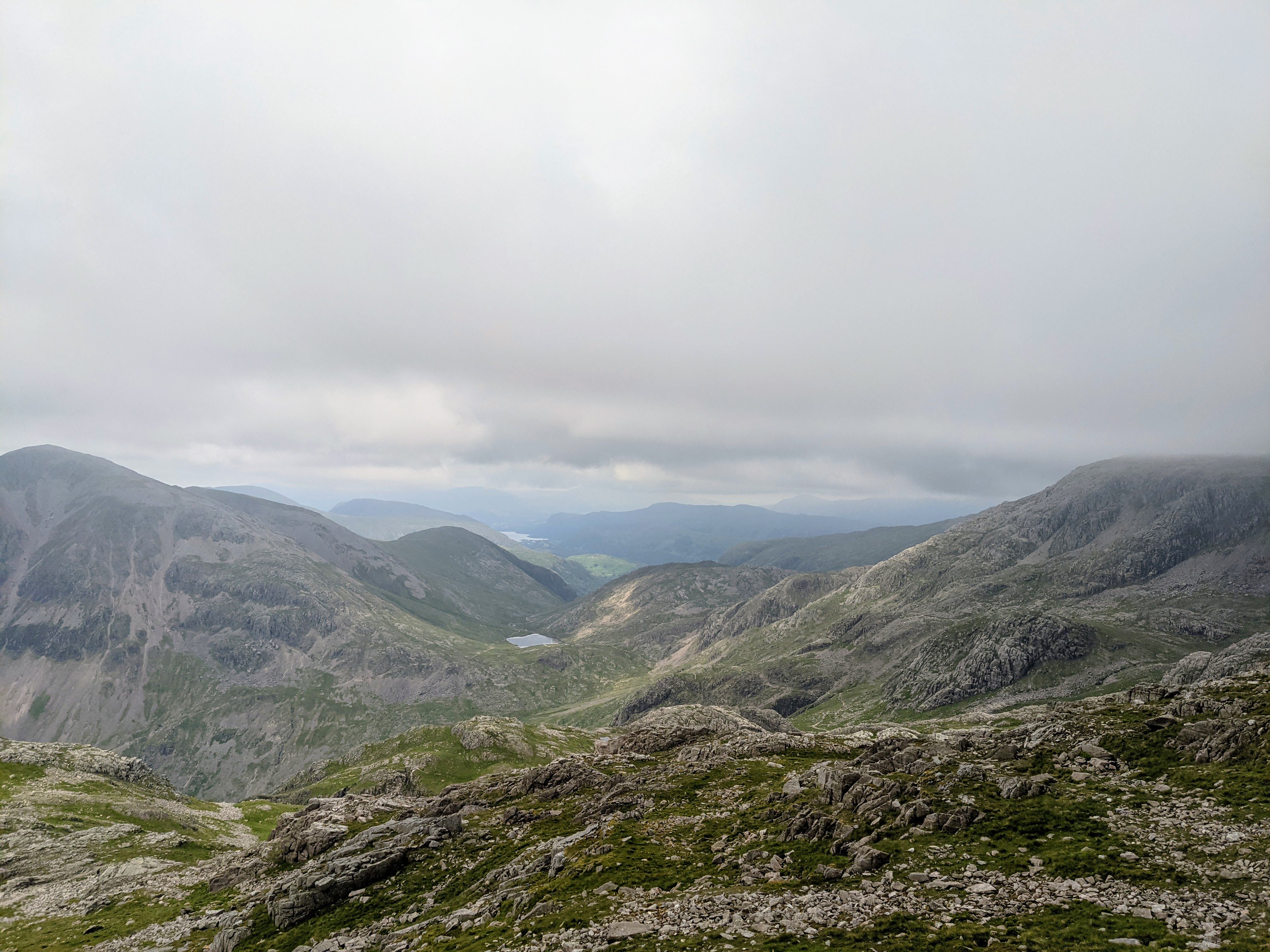 A photograph of rolling mountains, with Derwent Water in the far distance.