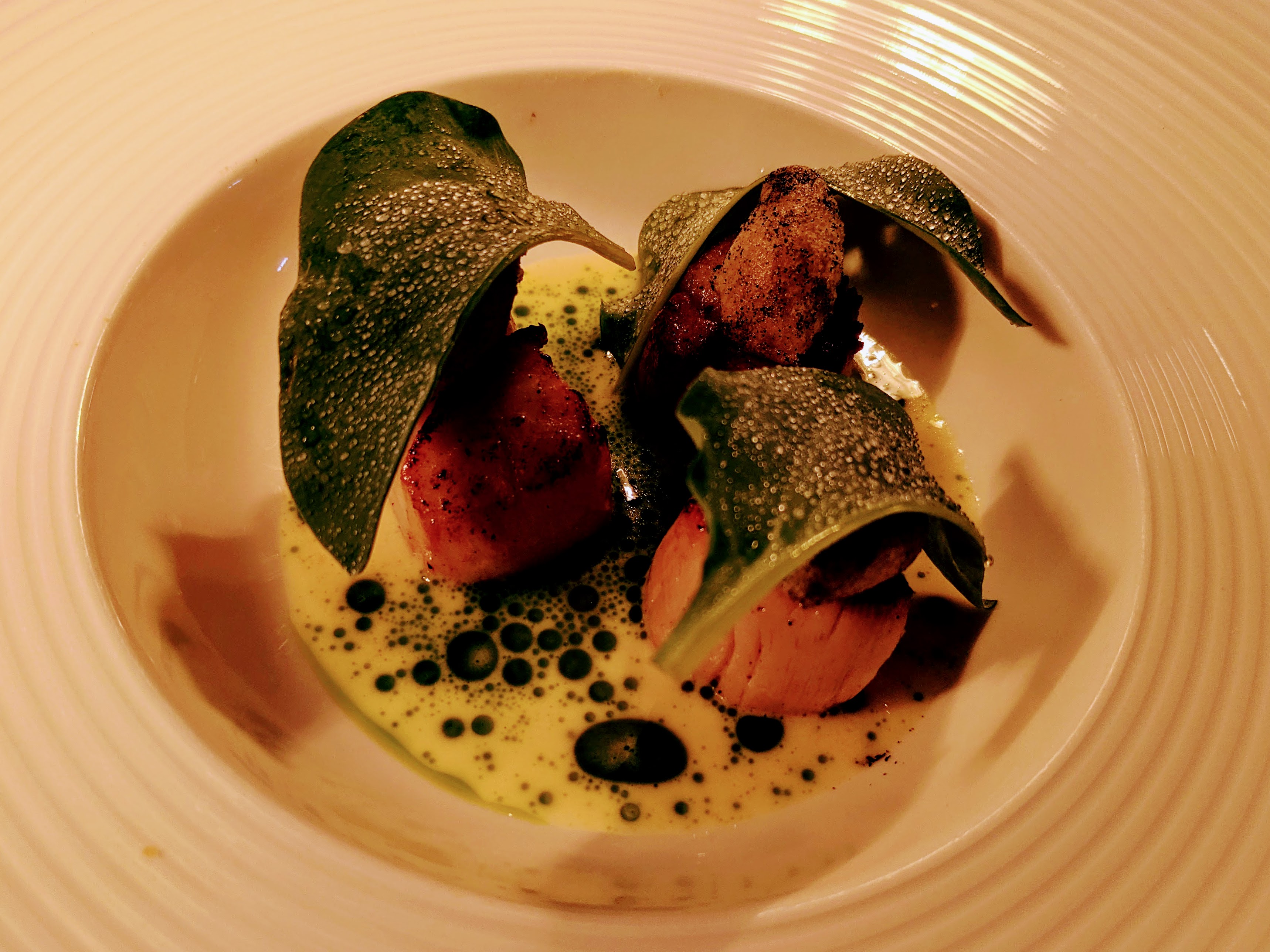 3 Scallops with a golden brown seared crust, with deep friend mussels, with a roast yeast sauce, dill oil and oyster leaves as garnish.