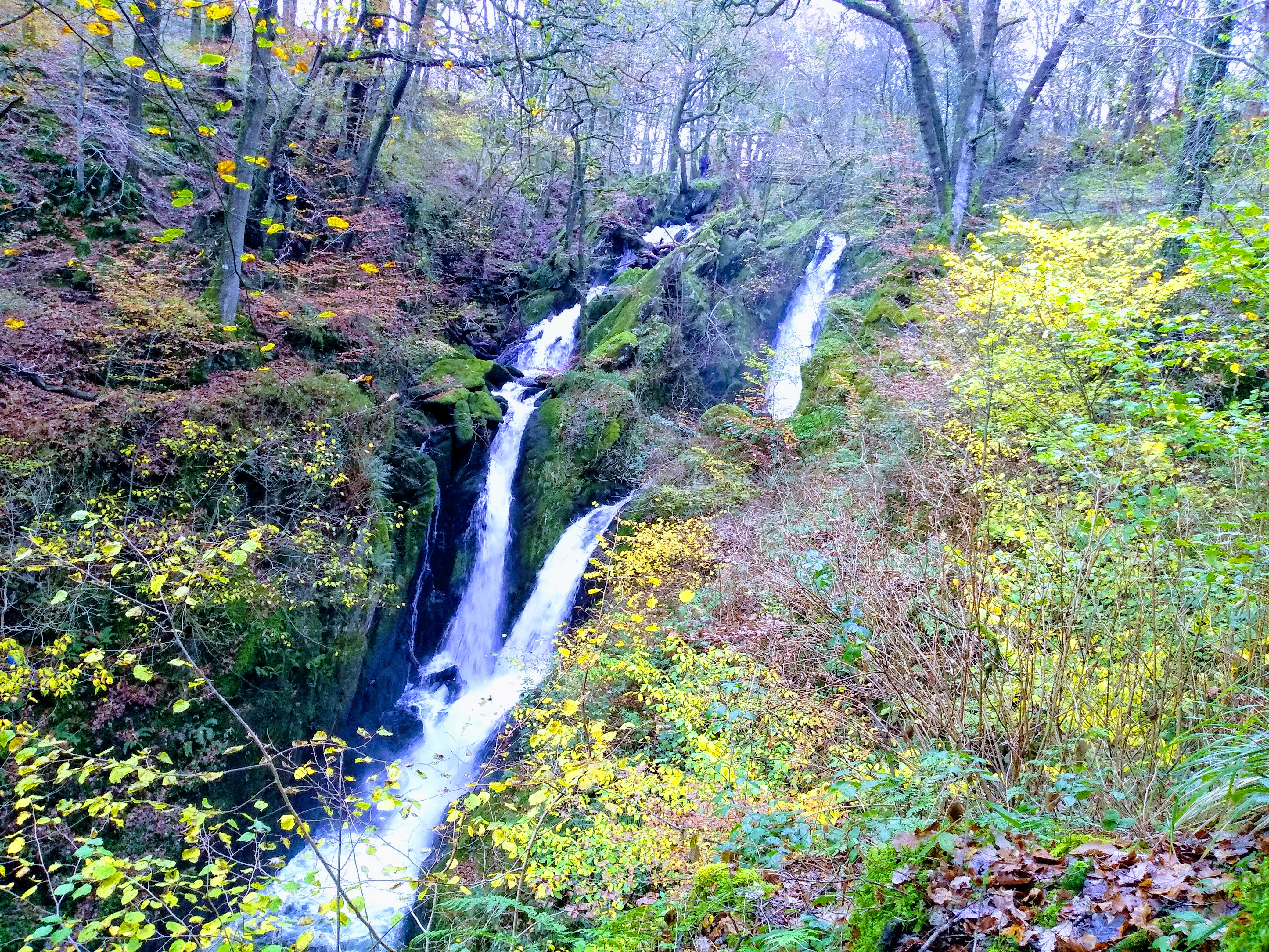 A multi-level cascading waterfall surrounded by lush vegetation.